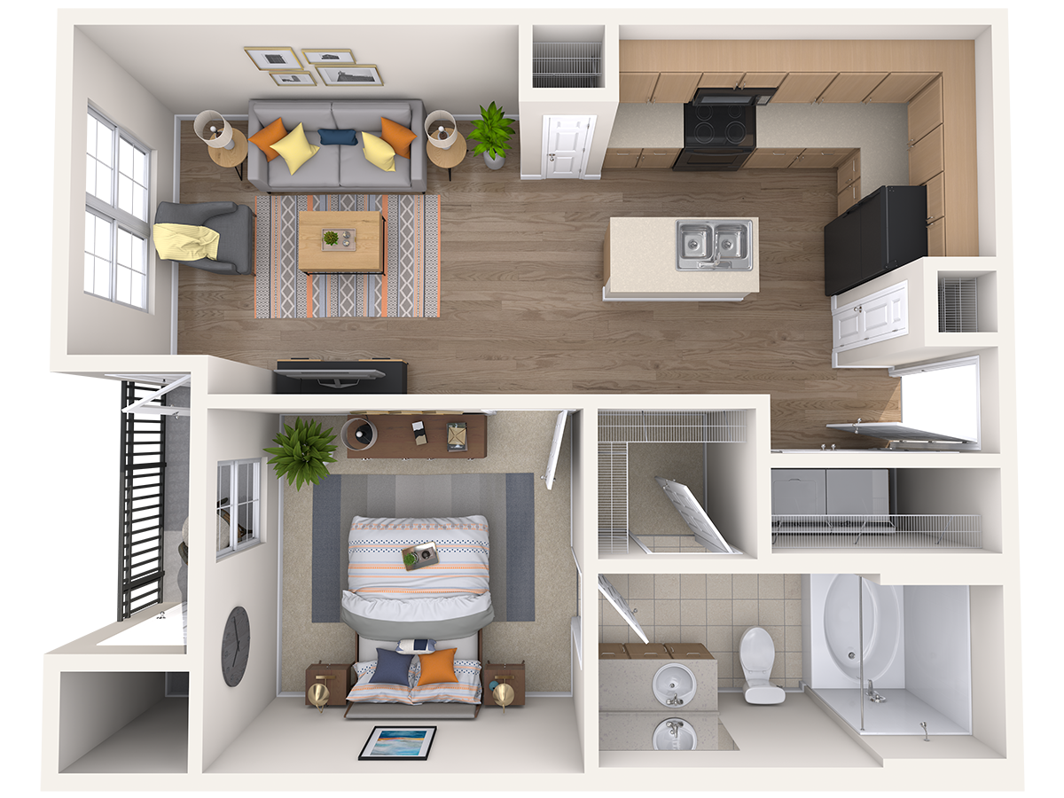 Floor plan for 1 bed, 1 bath, 624 sqft